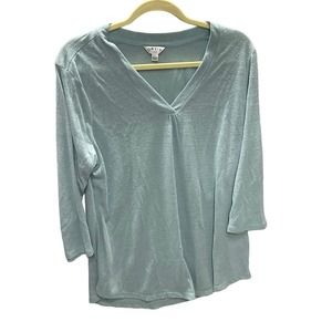 ORVIS Womans Green Pullover V Neck Top Size Large Linen Polyester